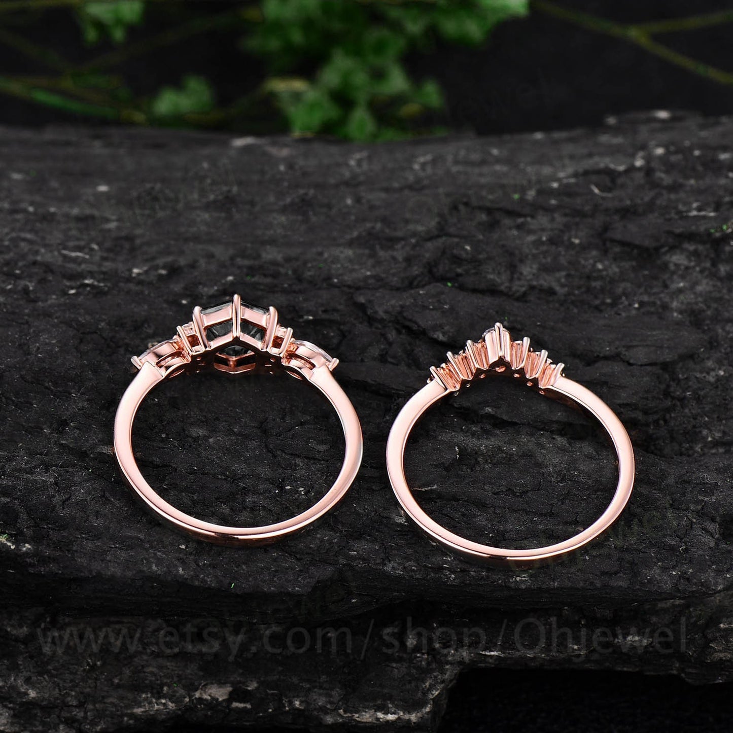 Unique Hexagon black rutilated quartz engagement ring set rose gold silver art deco marquise moissanite ring black diamond ring for women