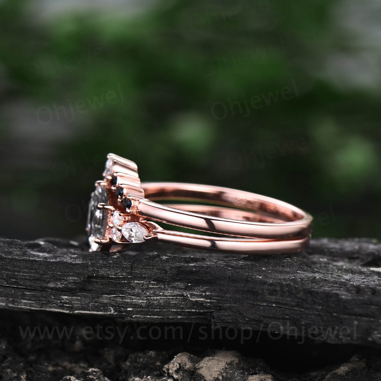 Unique Hexagon black rutilated quartz engagement ring set rose gold silver art deco marquise moissanite ring black diamond ring for women