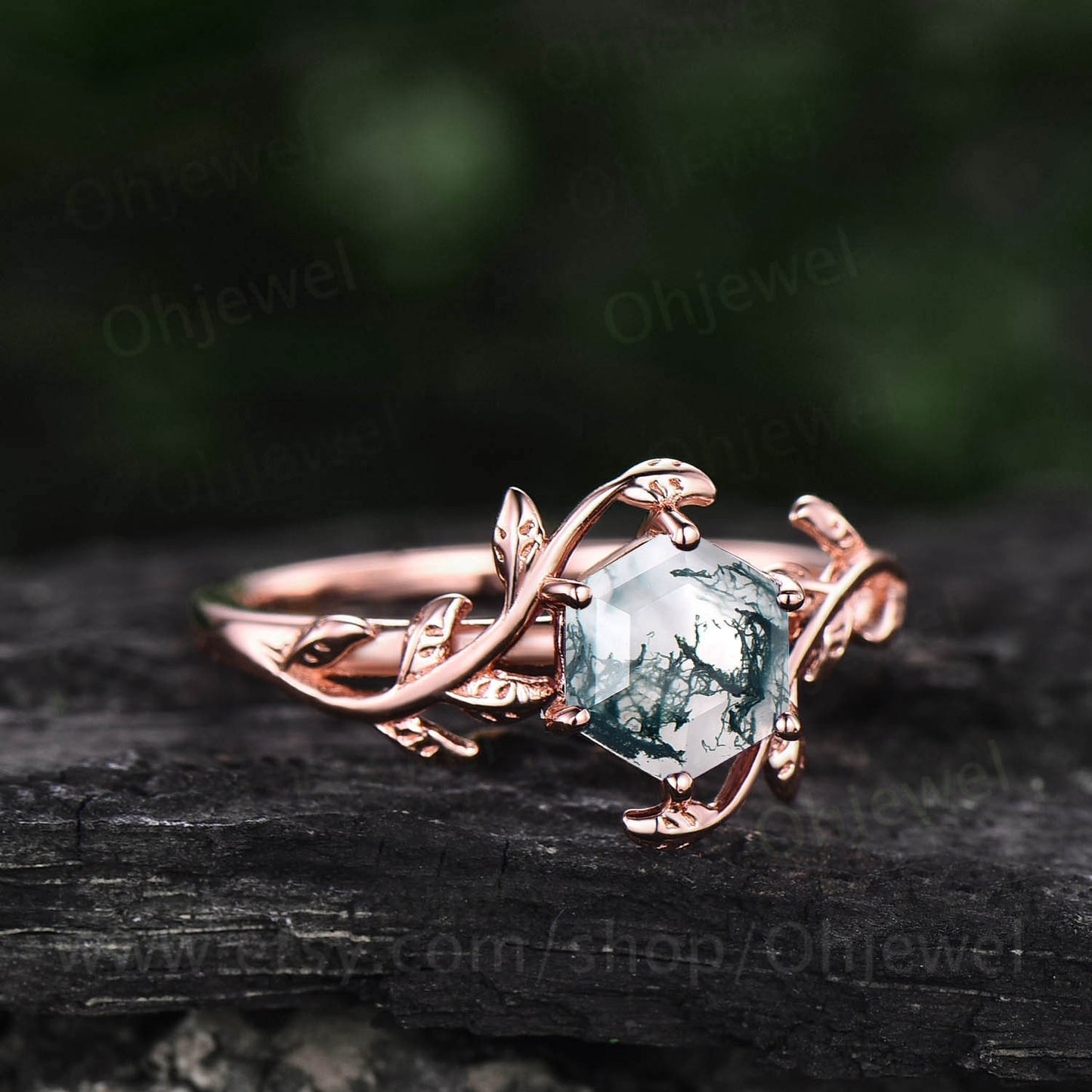 Hexagon moss agate engagement ring leaf flower rose gold silver unique vintage solitaire engagement ring for women wedding anniversary ring