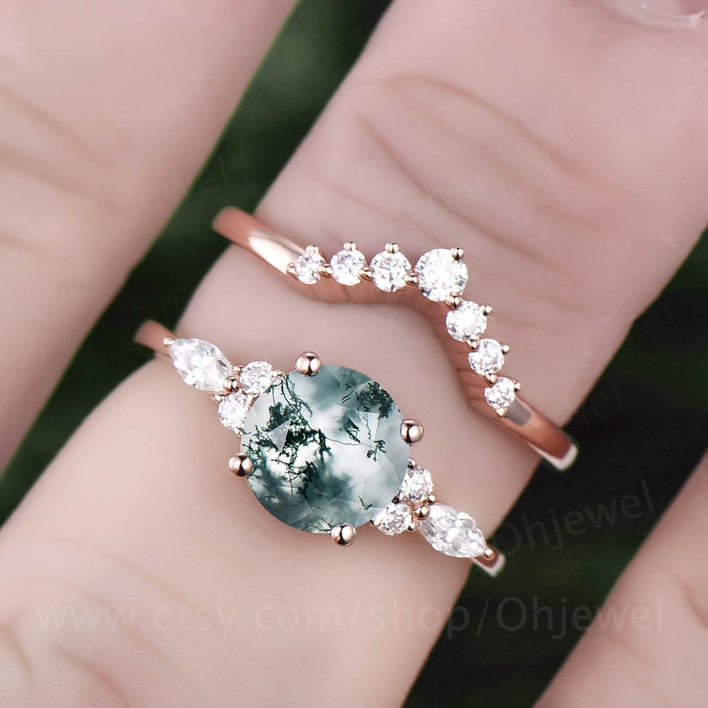 Vintage moss agate engagement ring set for women round cut moss agate wedding ring set art deco moissanite ring set anniversary ring set