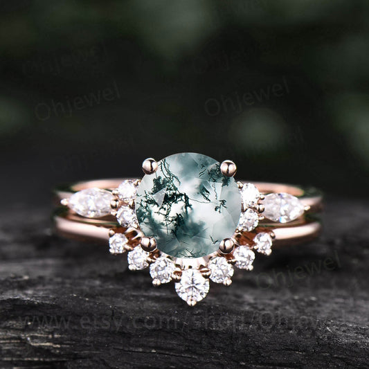 Vintage moss agate engagement ring set for women round cut moss agate wedding ring set art deco moissanite ring set anniversary ring set