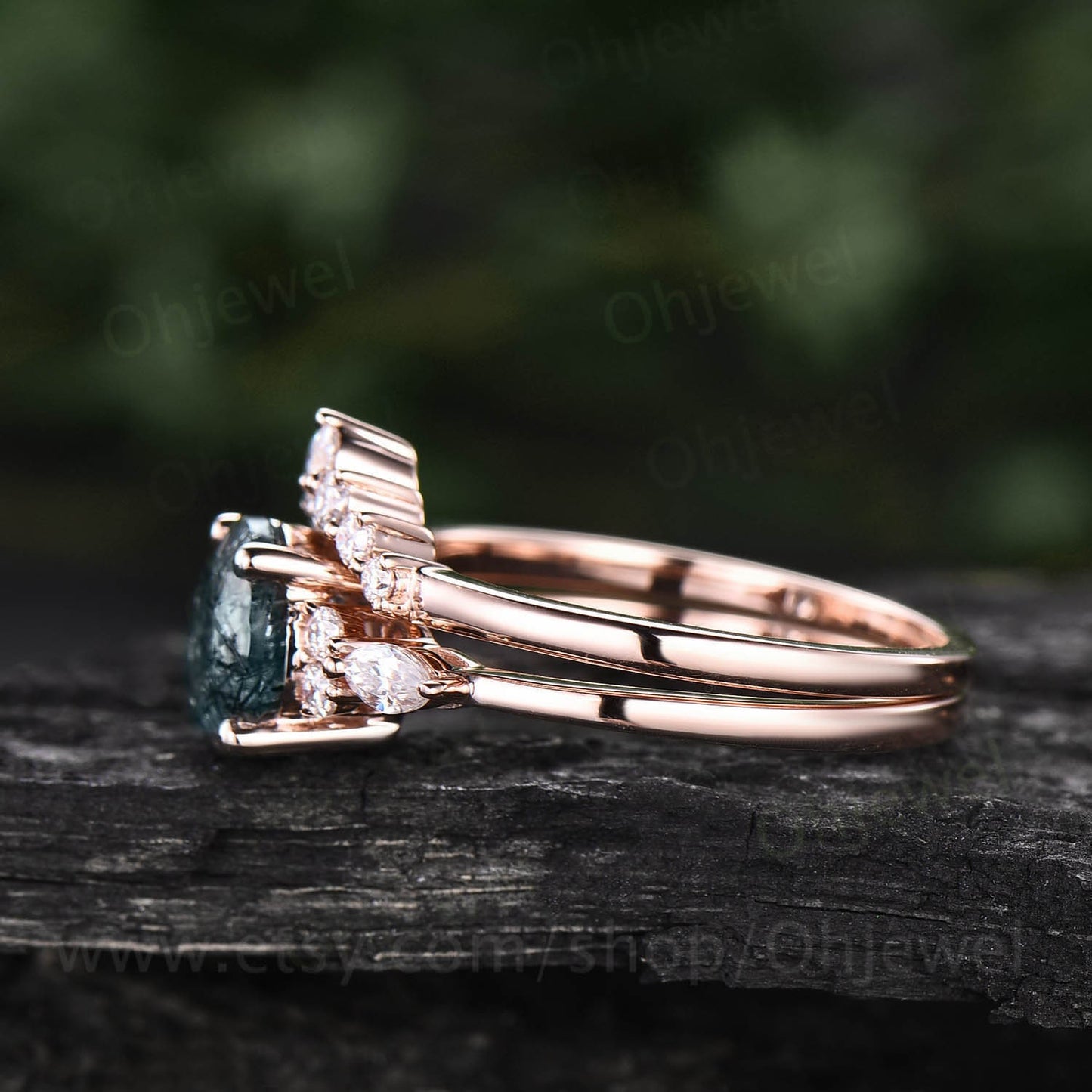 Vintage moss agate engagement ring set for women round cut moss agate wedding ring set art deco moissanite ring set anniversary ring set