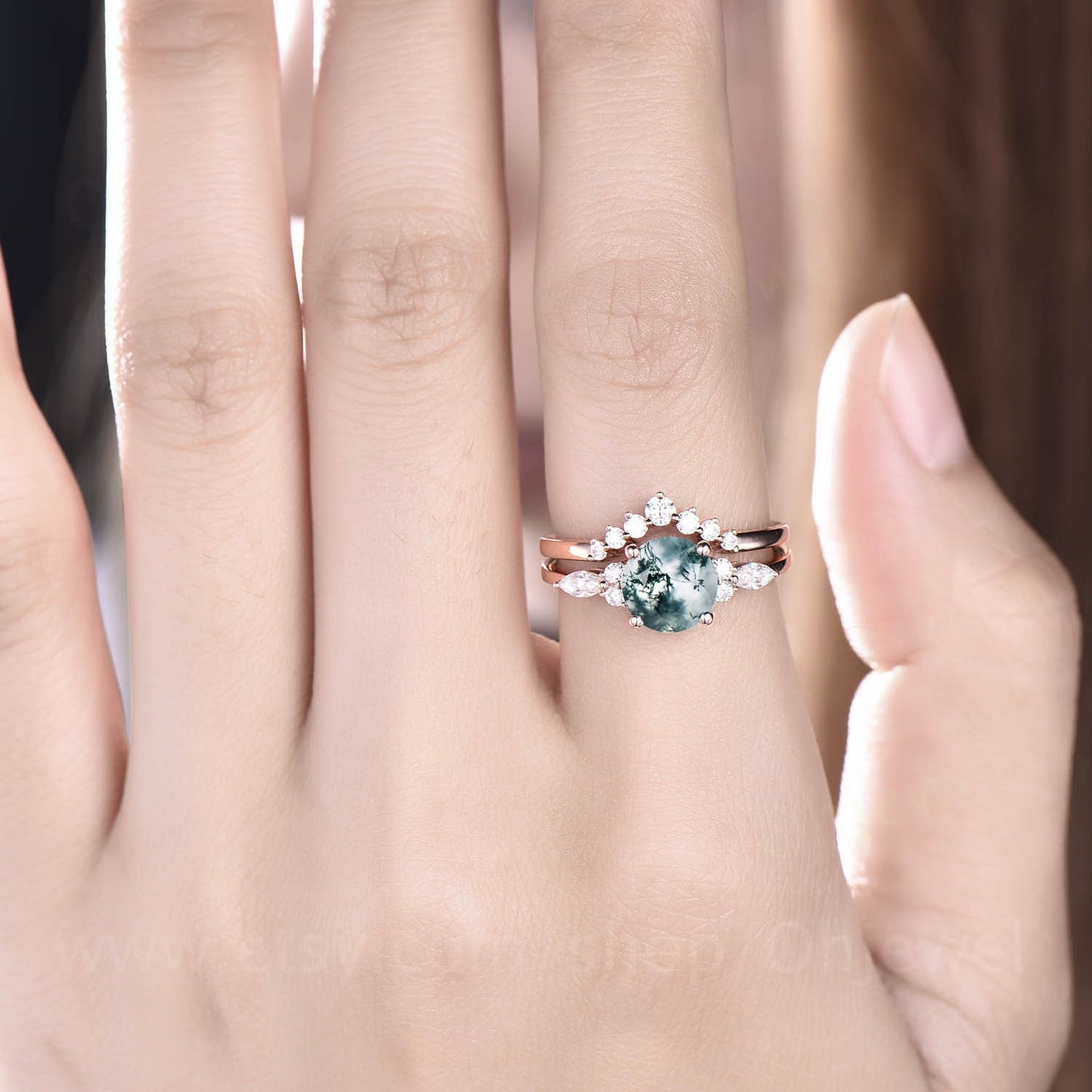 Vintage moss agate engagement ring set for women round cut moss agate wedding ring set art deco moissanite ring set anniversary ring set