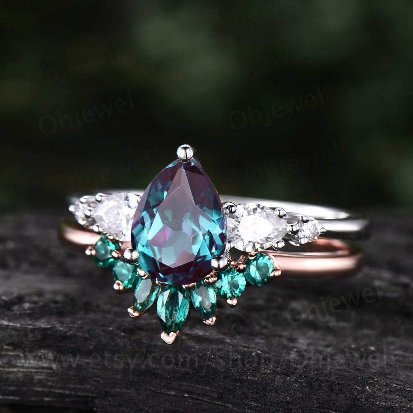 Vintage Alexandrite ring set rose gold silver women pear Alexandrite engagement ring set five stone moissantie ring art deco emerald ring
