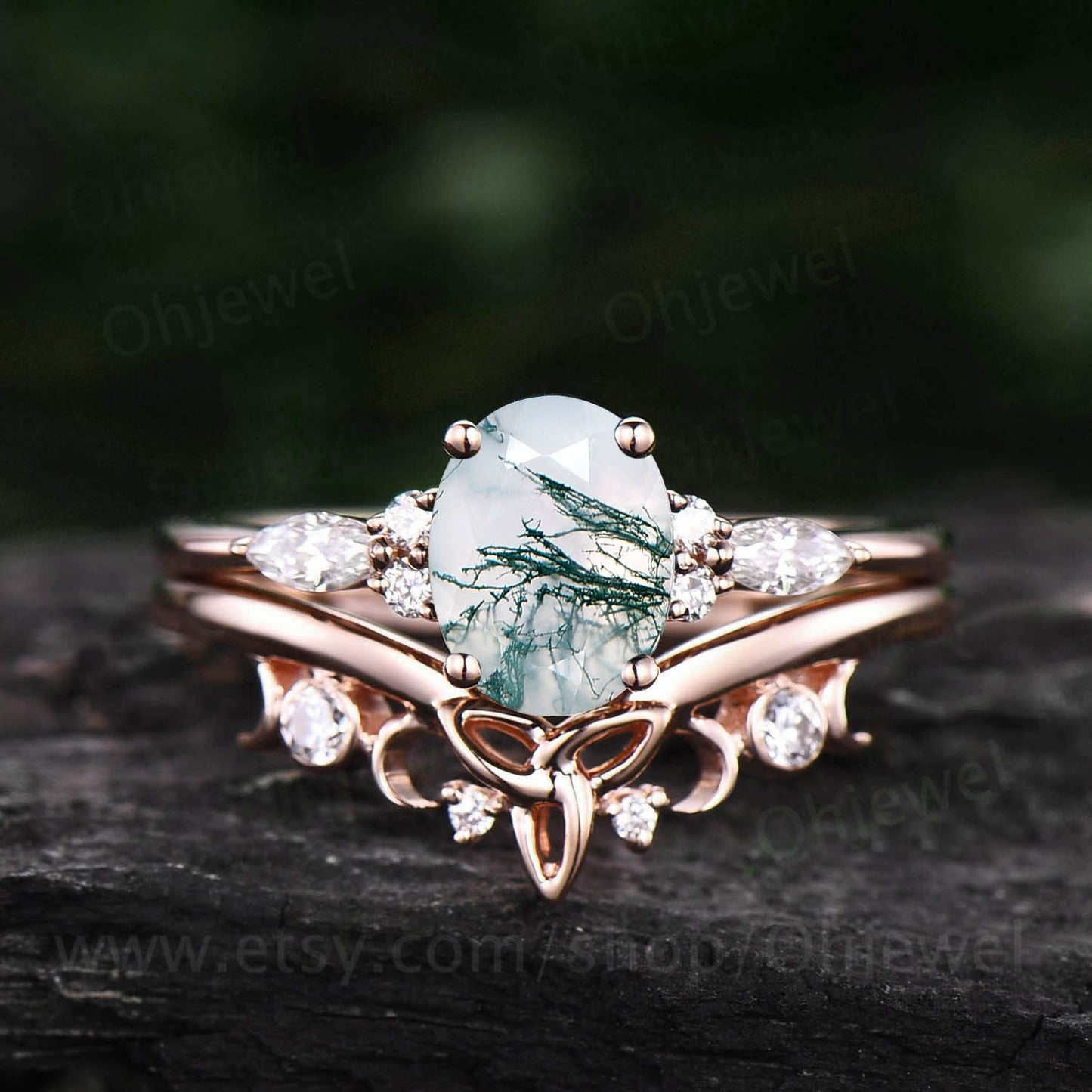 Oval moss agate engagement ring set 14k rose gold marquise cut moissanite ring for women moss agate ring silver norse viking ring Jewelry