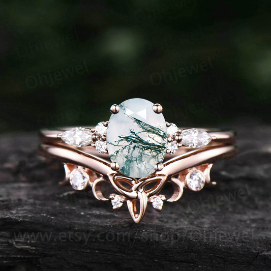 Oval moss agate engagement ring set 14k rose gold marquise cut moissanite ring for women moss agate ring silver norse viking ring Jewelry