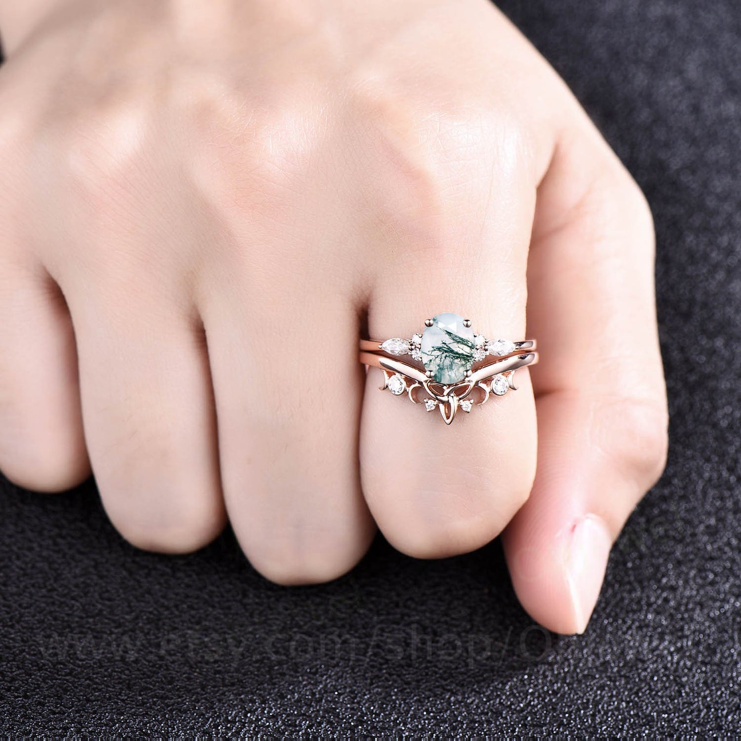 Oval moss agate engagement ring set 14k rose gold marquise cut moissanite ring for women moss agate ring silver norse viking ring Jewelry