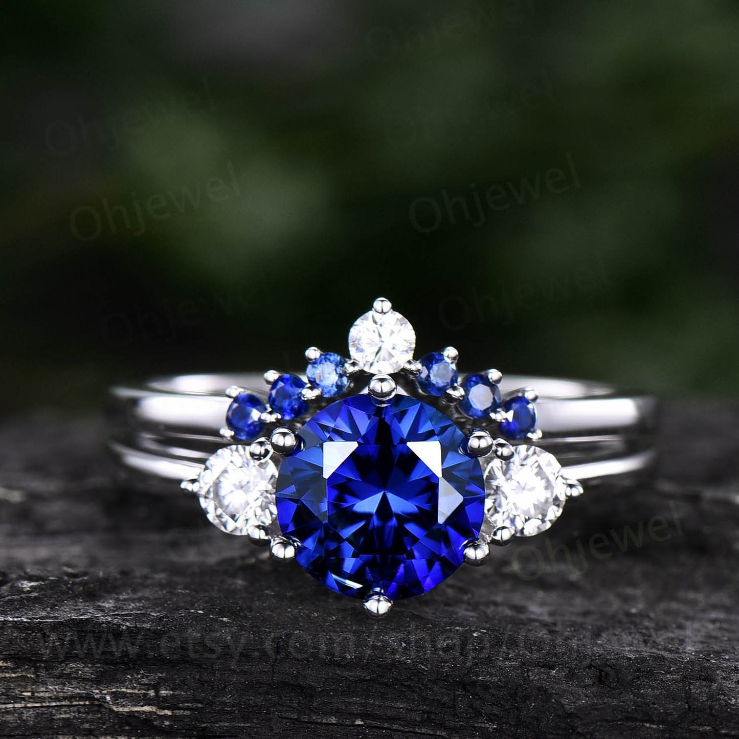 Vintage unique blue sapphire engagement ring set 14k rose gold three stone moissanite ring minimalist bridal wedding ring set for women gift