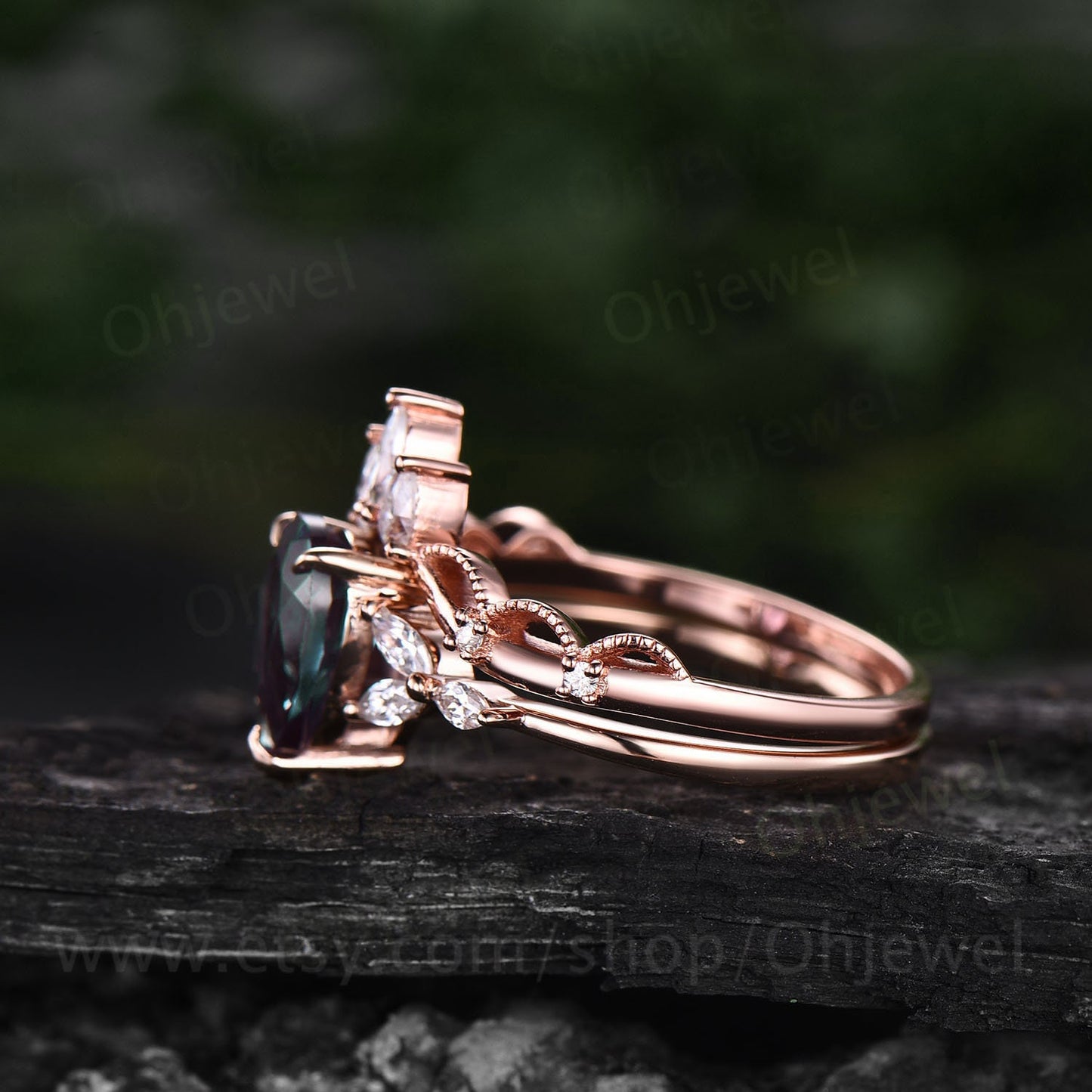 Vintage pear Alexandrite engagement ring set flower marquise moissanite ring rose gold sterling silver ring women unique wedding ring set