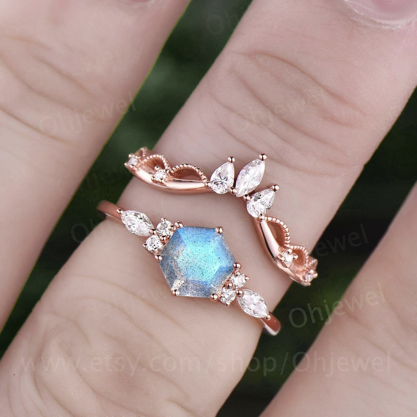 Hexagon Labradorite engagement ring set vintage Labradorite ring rose gold sterling silver women crown milgrain moissantie bridal ring set