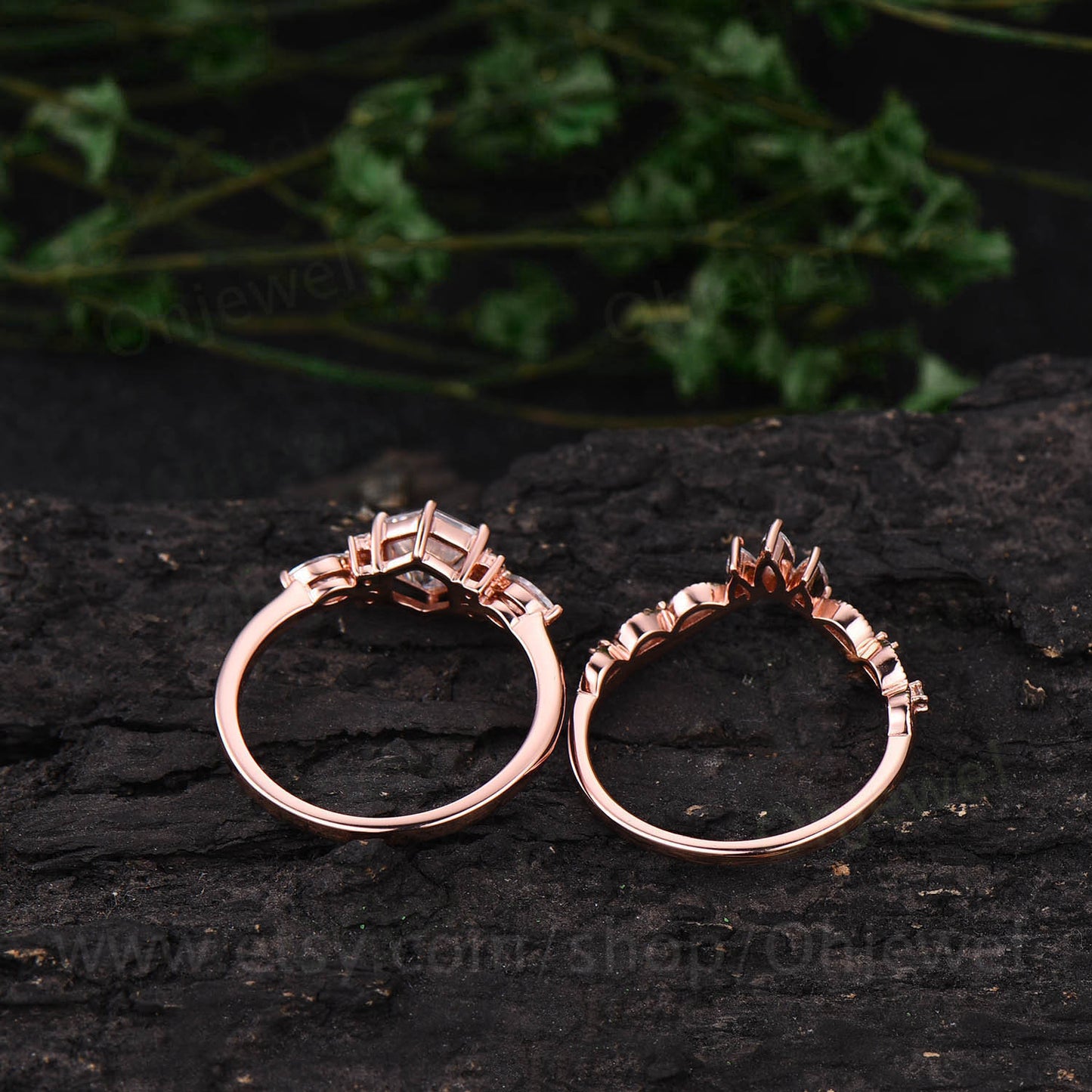 Hexagon Labradorite engagement ring set vintage Labradorite ring rose gold sterling silver women crown milgrain moissantie bridal ring set