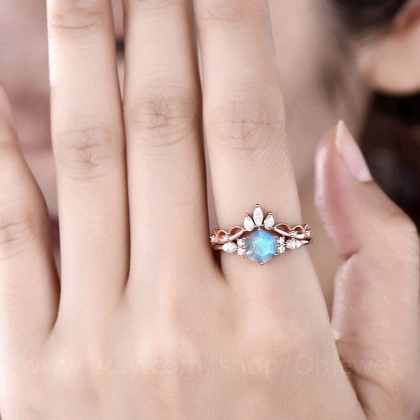 Hexagon Labradorite engagement ring set vintage Labradorite ring rose gold sterling silver women crown milgrain moissantie bridal ring set
