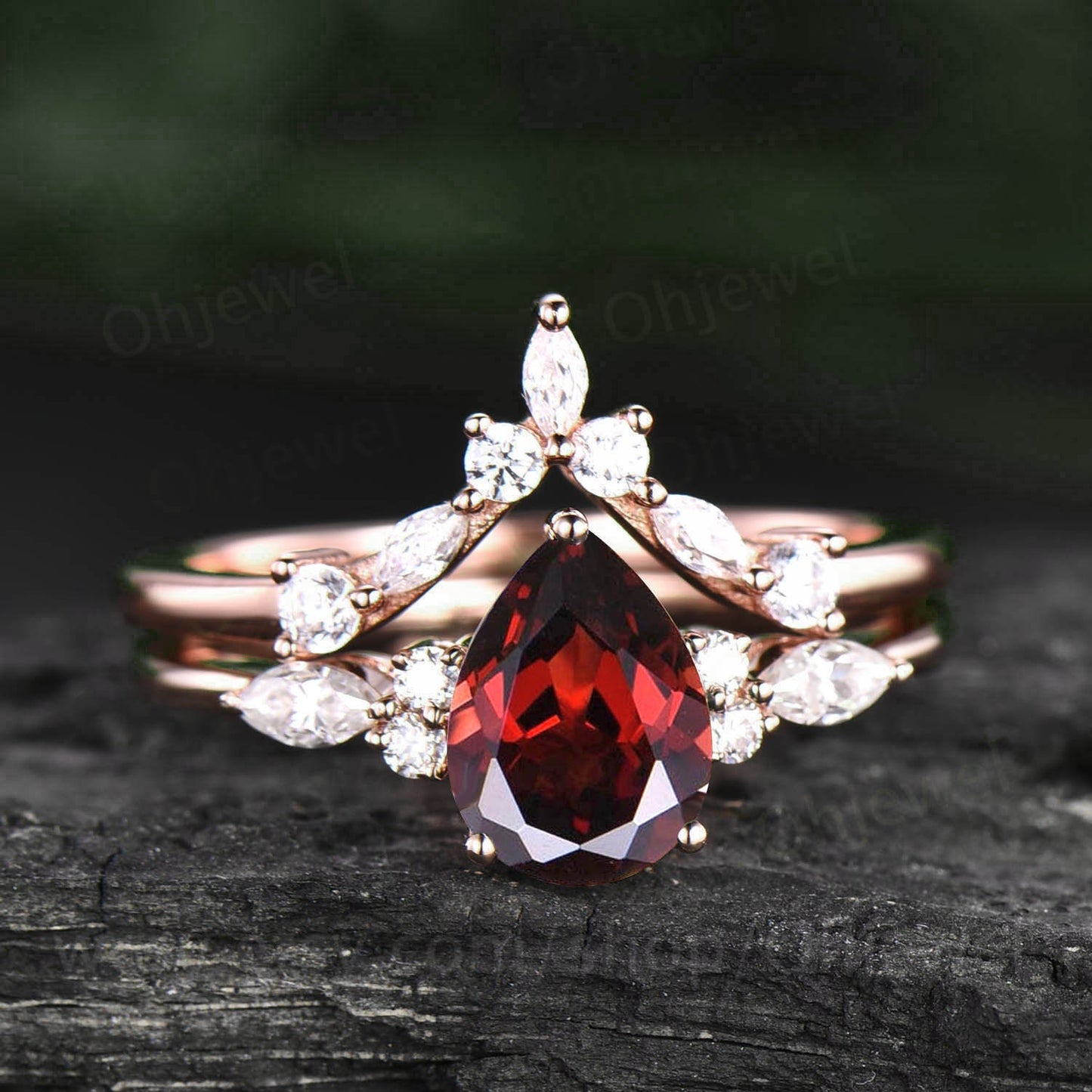 Pear cut garnet engagement ring set vintage garnet ring gold sterling silver for women marquise moissanite ring set 7 stone ring bridal set