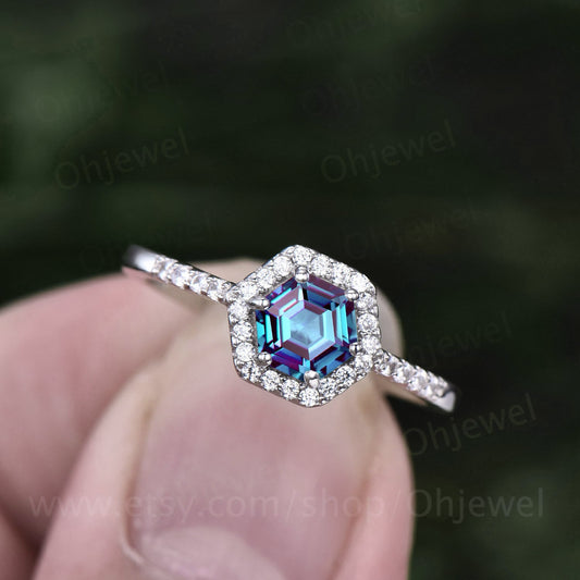 Hexagon Alexandrite engagement ring white gold minimalist vintage unique halo moissanite engagement ring six prong wedding ring for women