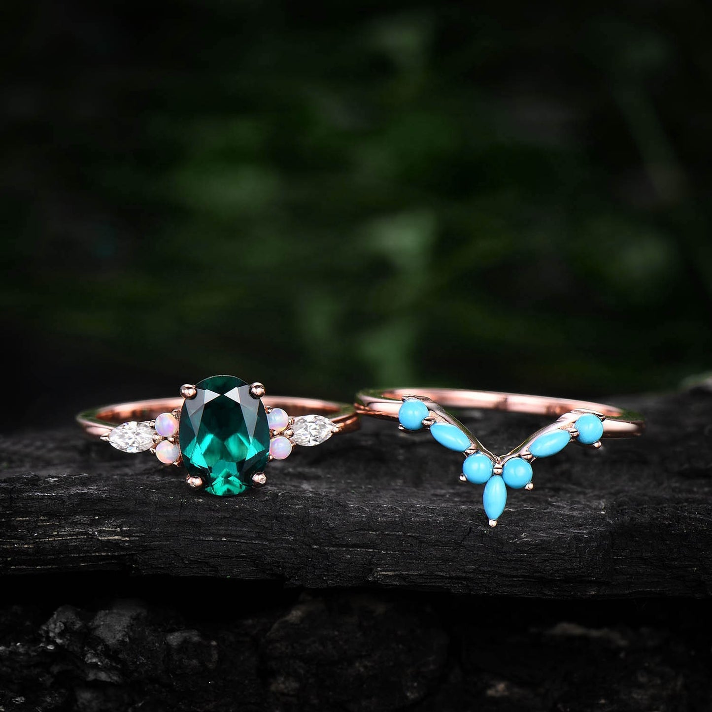 Oval emerald engagement ring set 14k rose gold vinatge opal ring marquise moissanite ring for women turquoise wedding band engagement ring