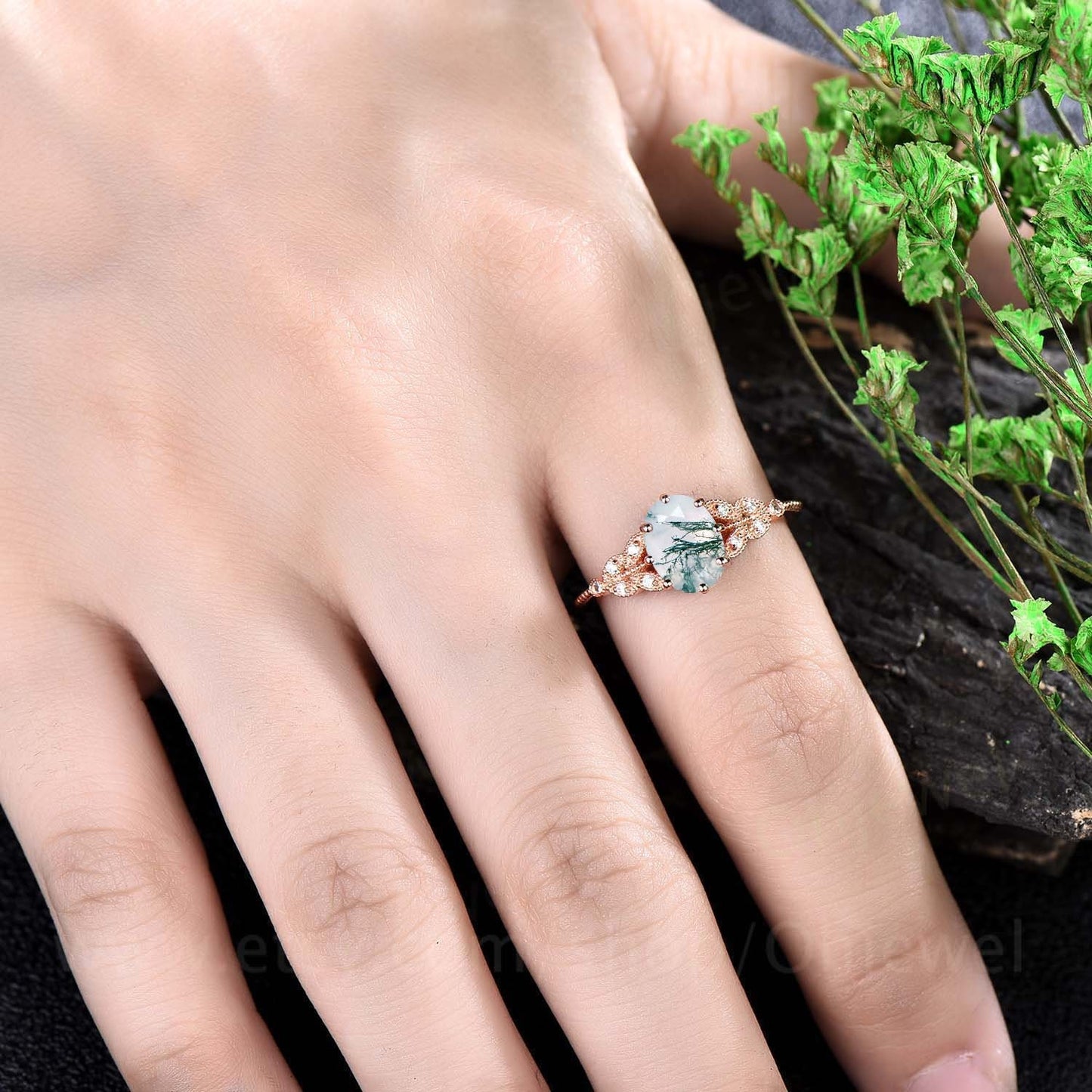 Vintage oval cut green moss agate engagement ring leaf flower ring milgrain rose gold moissanite ring for women unique bridal wedding ring