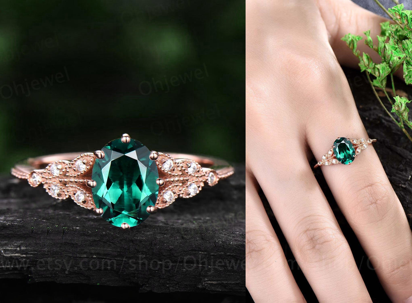Vintage oval cut green moss agate engagement ring leaf flower ring milgrain rose gold moissanite ring for women unique bridal wedding ring