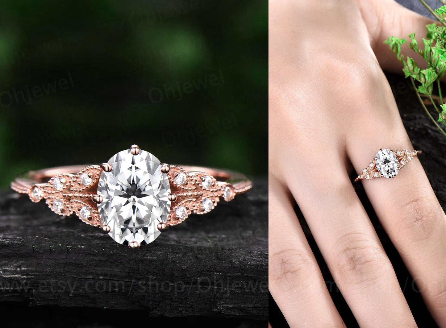 Vintage oval cut green moss agate engagement ring leaf flower ring milgrain rose gold moissanite ring for women unique bridal wedding ring