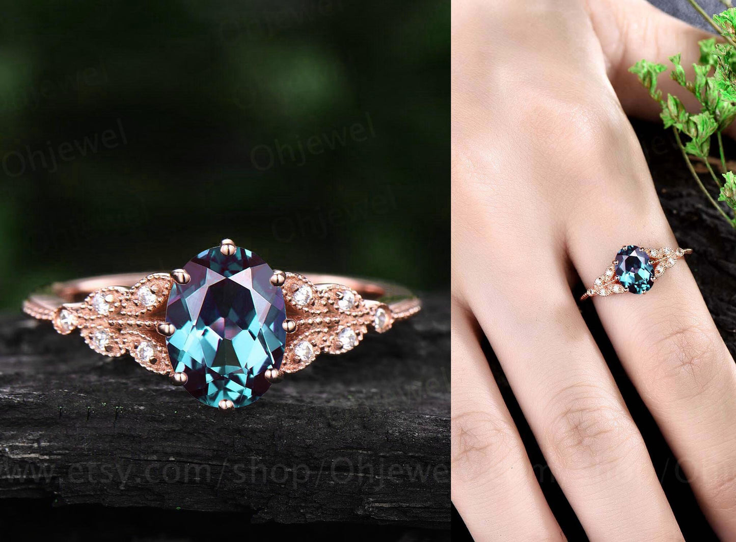 Vintage oval cut green moss agate engagement ring leaf flower ring milgrain rose gold moissanite ring for women unique bridal wedding ring