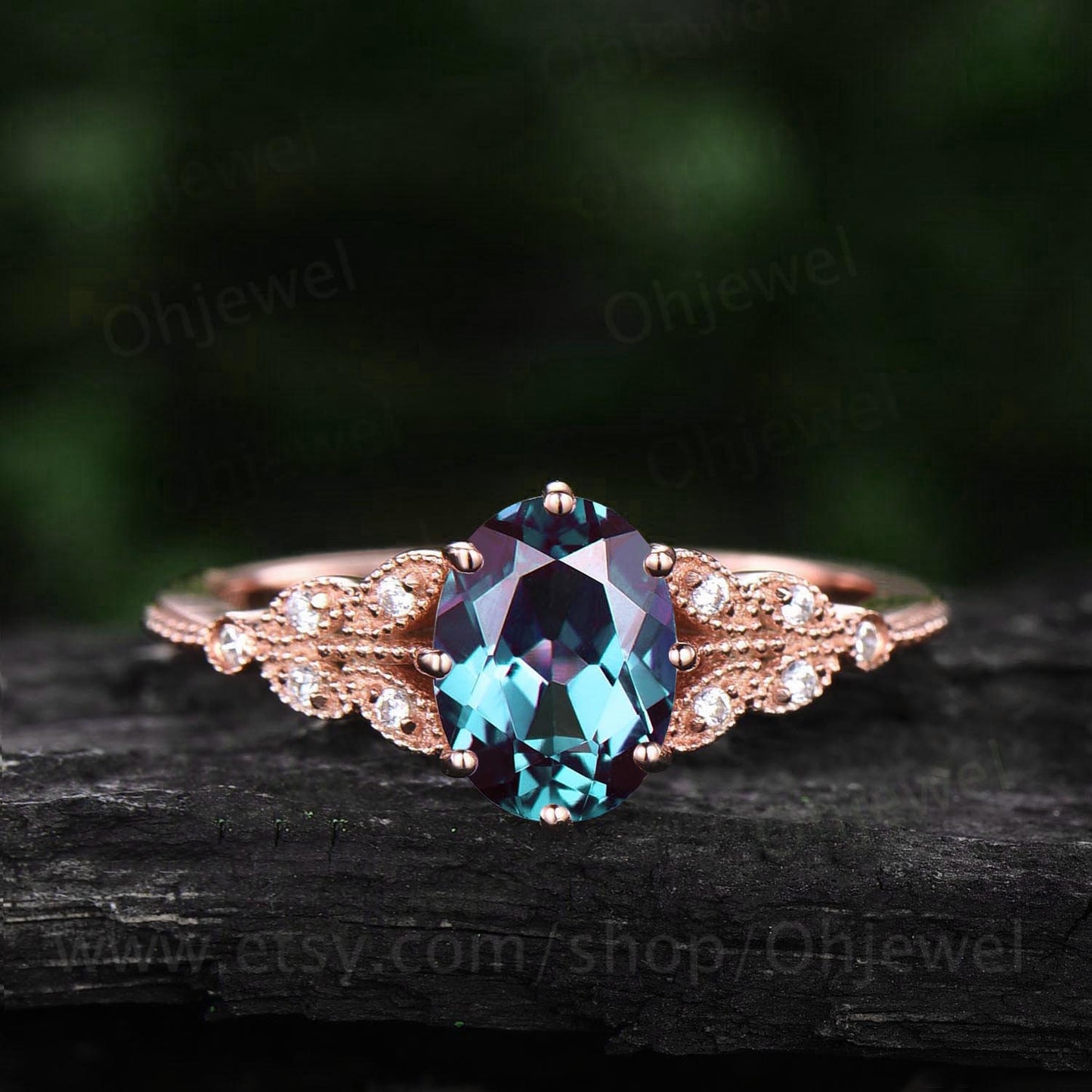 Oval Alexandrite engagement ring leaf flower marquise milgrain unique vintage rose gold engagement ring for women anniversary wedding ring