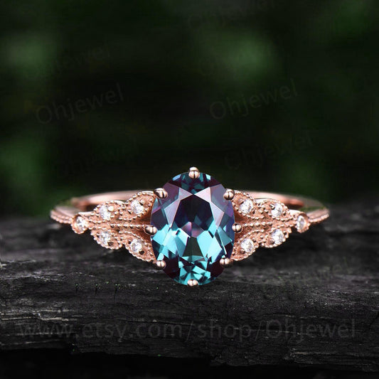 Oval Alexandrite engagement ring leaf flower marquise milgrain unique vintage rose gold engagement ring for women anniversary wedding ring