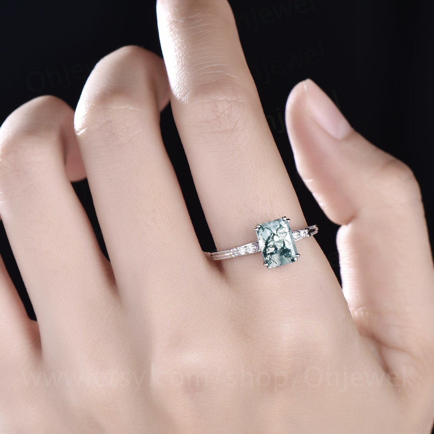 Green Moss Agate Ring 6x8 Emerald Cut Moss Agate Ring Unique Moss Agate Engagement Ring 5 Stone Diamond Ring Gold Sterling Silver Antique