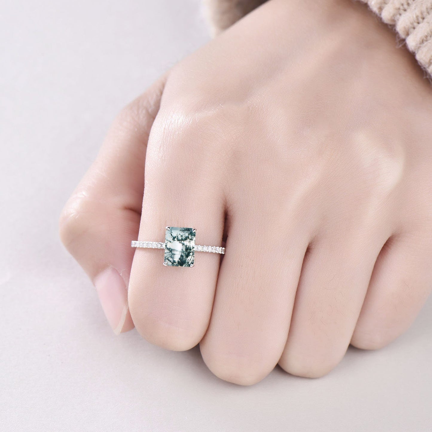 Green moss agate ring unique emerald cut moss agate engagement ring vintage eternity diamond ring for women solid gold sterling silver ring