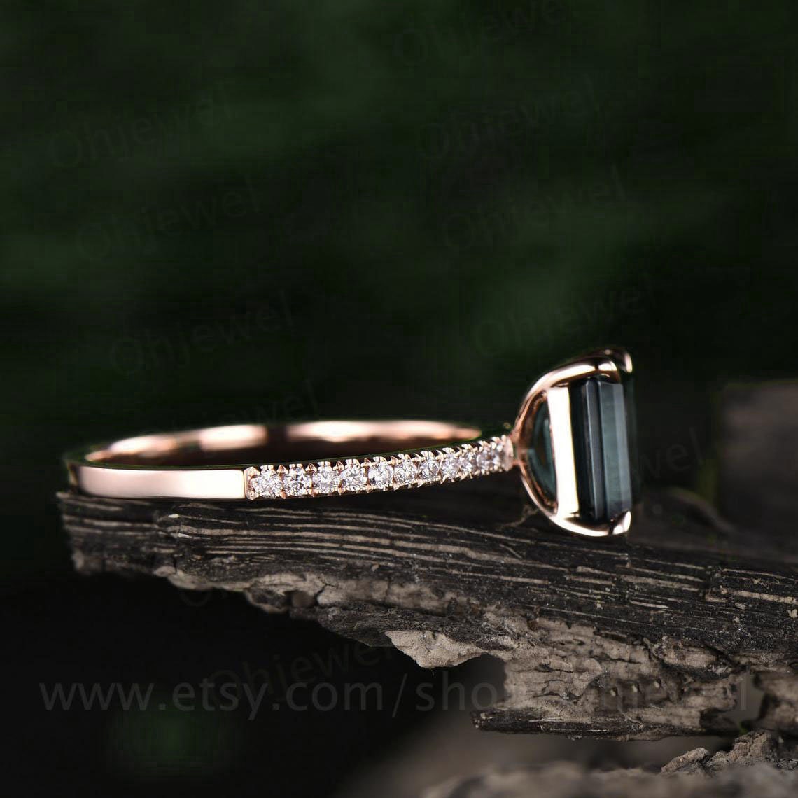 Green moss agate ring unique emerald cut moss agate engagement ring vintage eternity diamond ring for women solid gold sterling silver ring