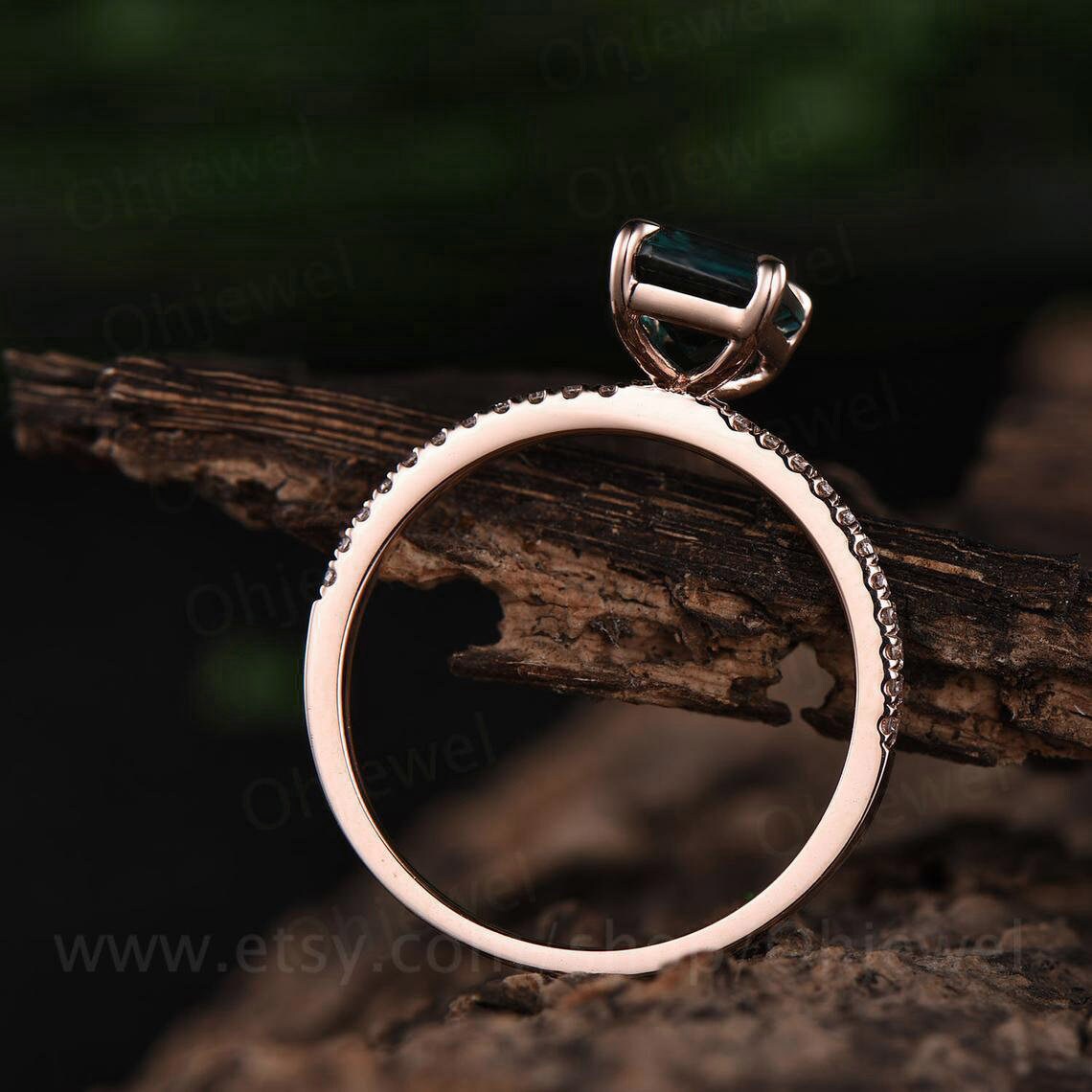 Green moss agate ring unique emerald cut moss agate engagement ring vintage eternity diamond ring for women solid gold sterling silver ring