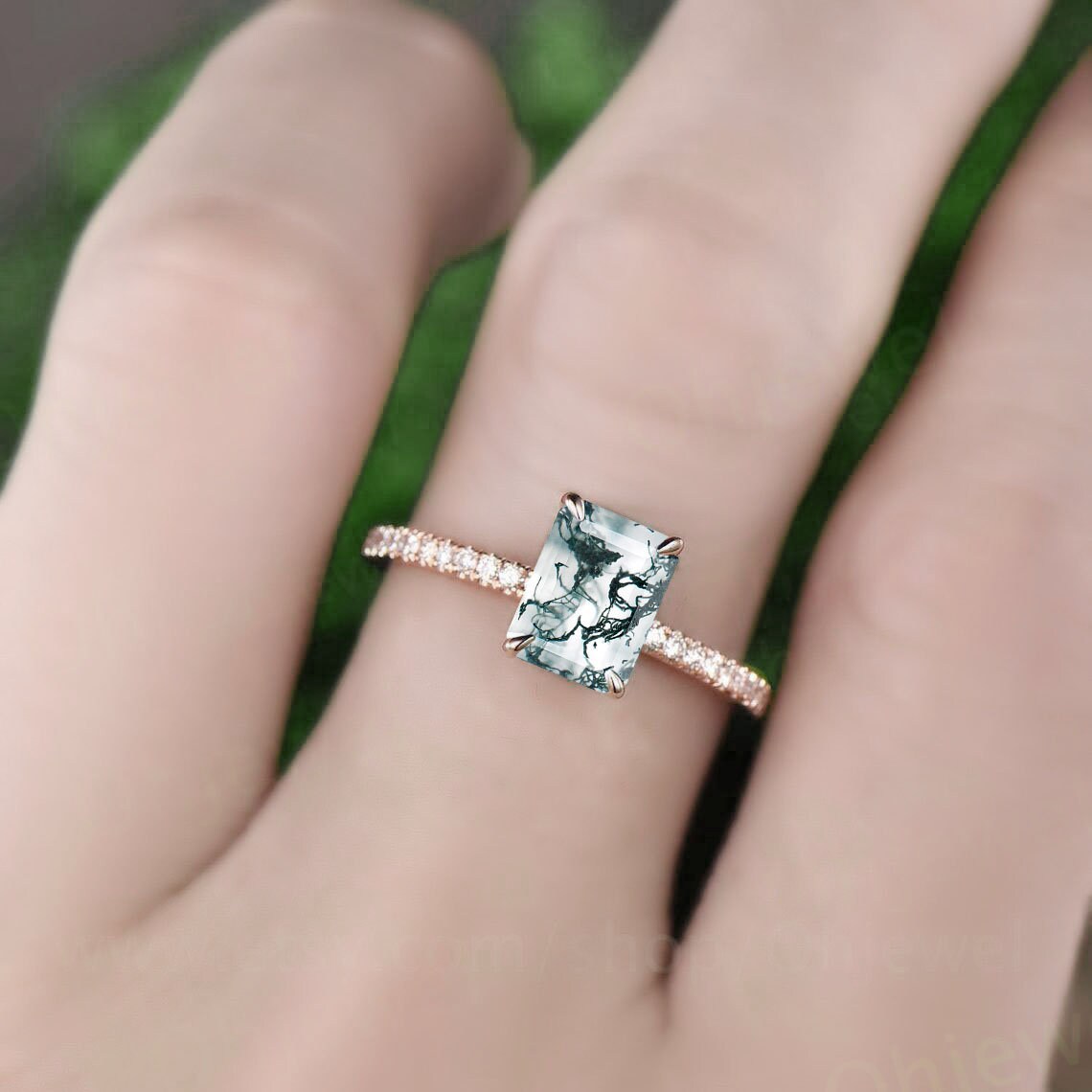Green moss agate ring unique emerald cut moss agate engagement ring vintage eternity diamond ring for women solid gold sterling silver ring