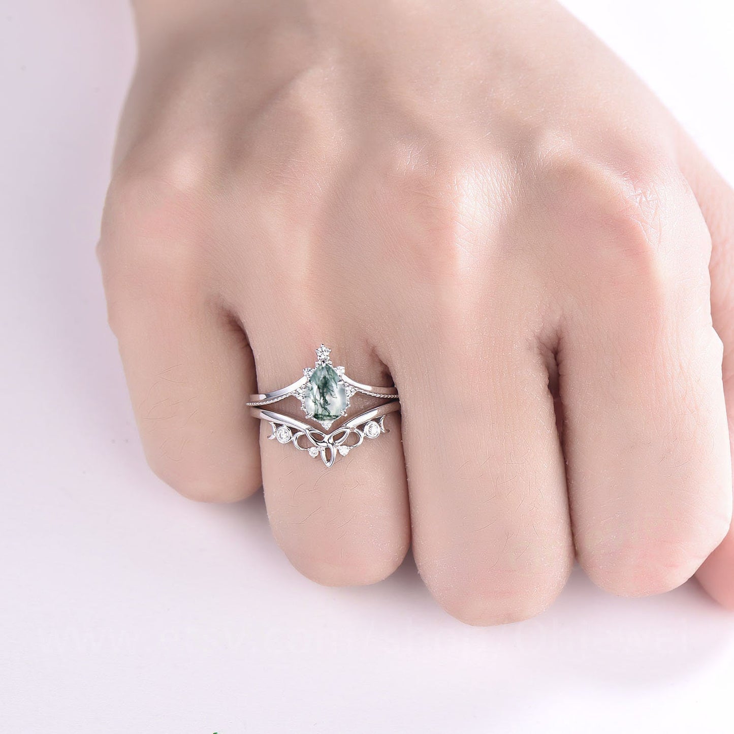 Pear shaped moss agate engagement ring set 14k white gold organic gemstone ring milgrain moissanite ring for women norse viking ring Jewelry