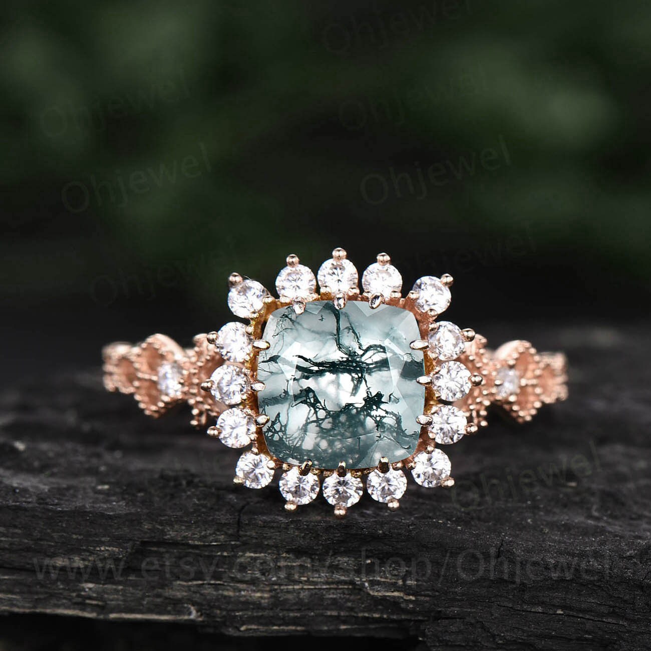 Green moss agate ring for women vintage cushion cut moss agate engagement ring halo cluster milgrain moissanite ring rose gold promise ring