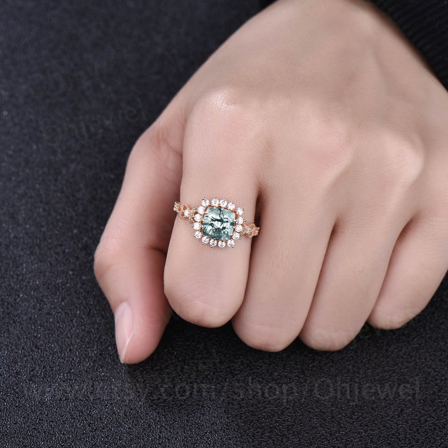 Green moss agate ring for women vintage cushion cut moss agate engagement ring halo cluster milgrain moissanite ring rose gold promise ring
