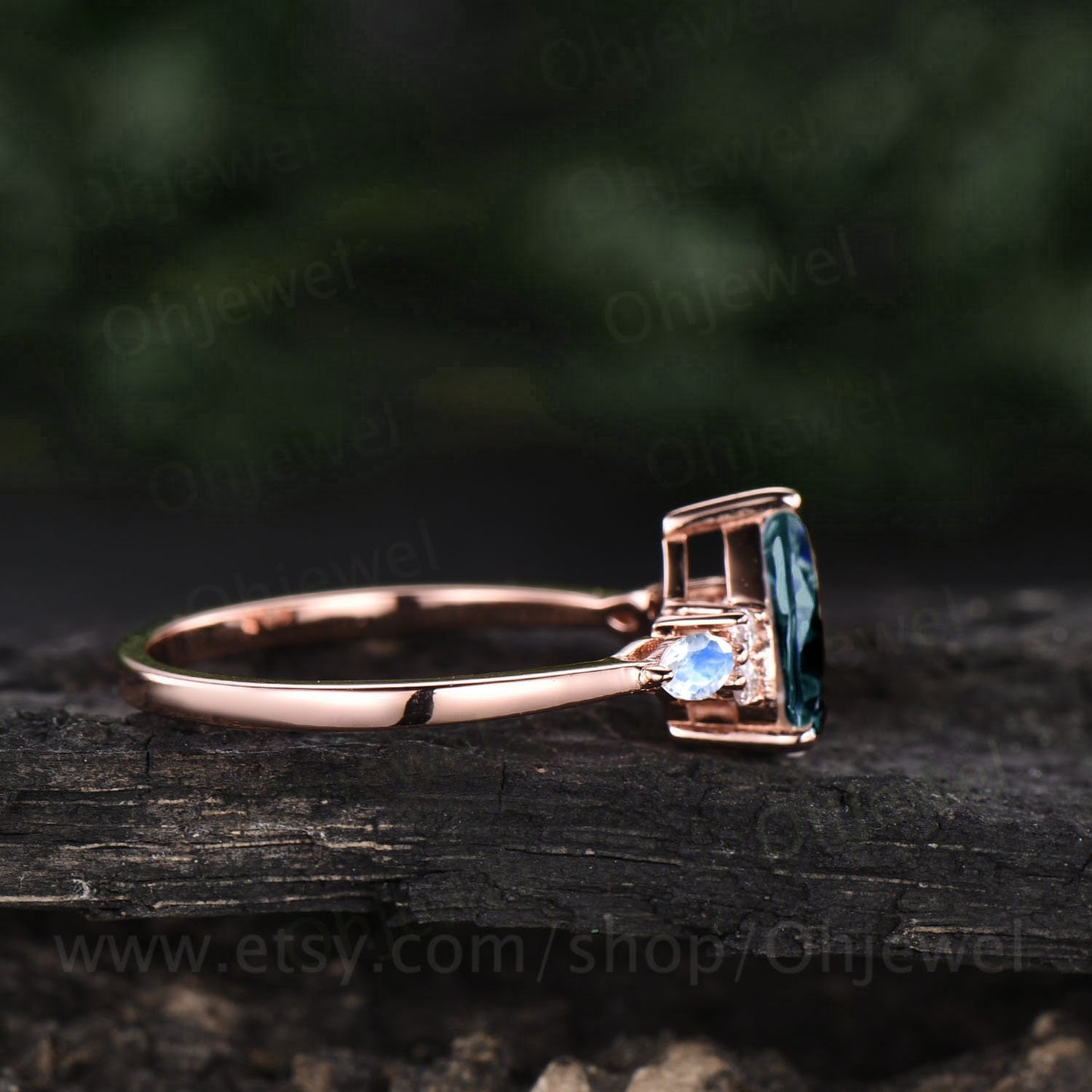 Pear shaped Alexandrite engagement ring 18k rose gold art deco unique vintage moonstone engagement ring moissanite bridal ring for women