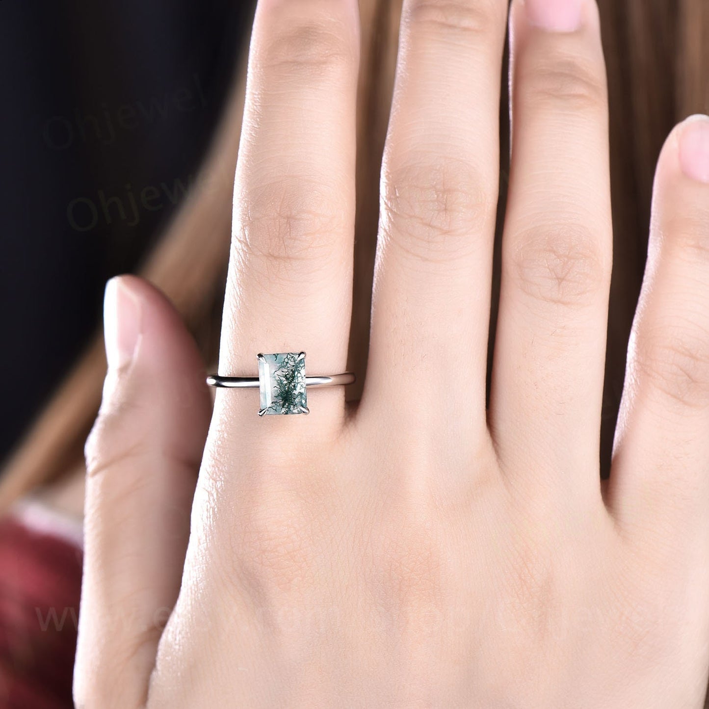 Green moss agate ring vintage dainty solitaire emerald cut moss agate engagement ring gold sterling silver for women Minimalist bridal ring
