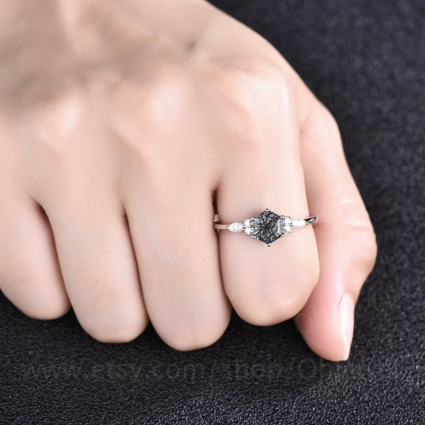 Hexagon cut black rutilated quartz engagement ring vintage art deco moissanite ring rose gold 6 prong anniversary promise ring women gifts