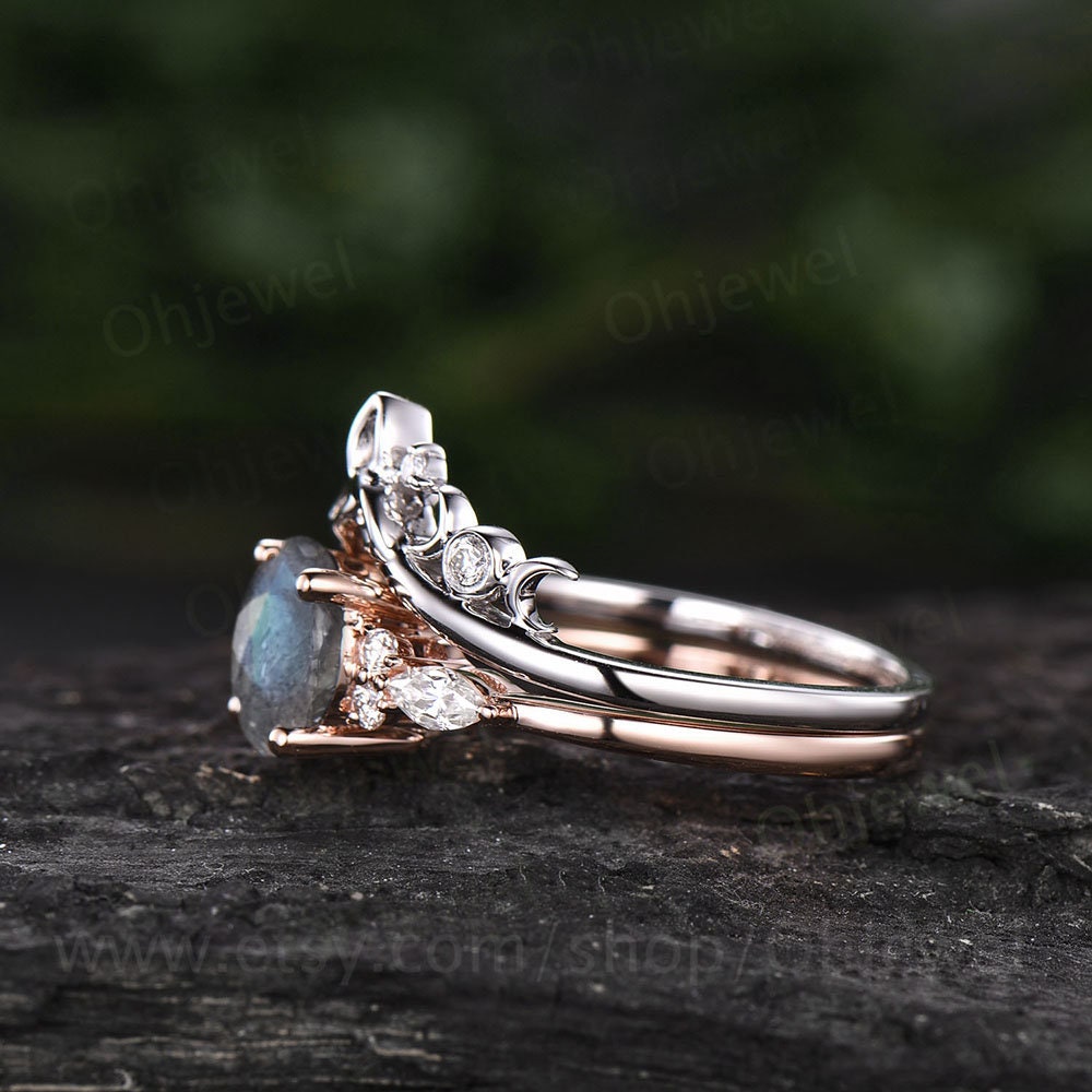 Round labradorite engagement ring set art deco vintage 7 stone moissanite ring for women unique wedding ring set rose gold sterling silver