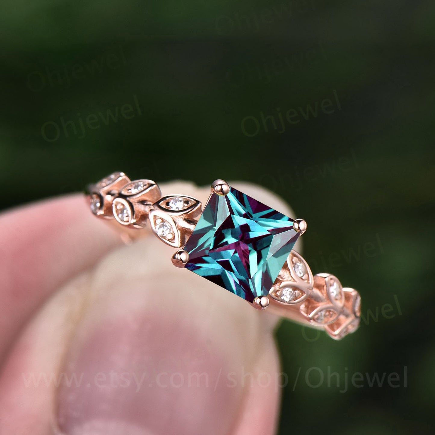 Princess cut Alexandrite engagement ring 14k rose gold leaf art deco unique vintage style engagement ring moissanite ring for women jewelry