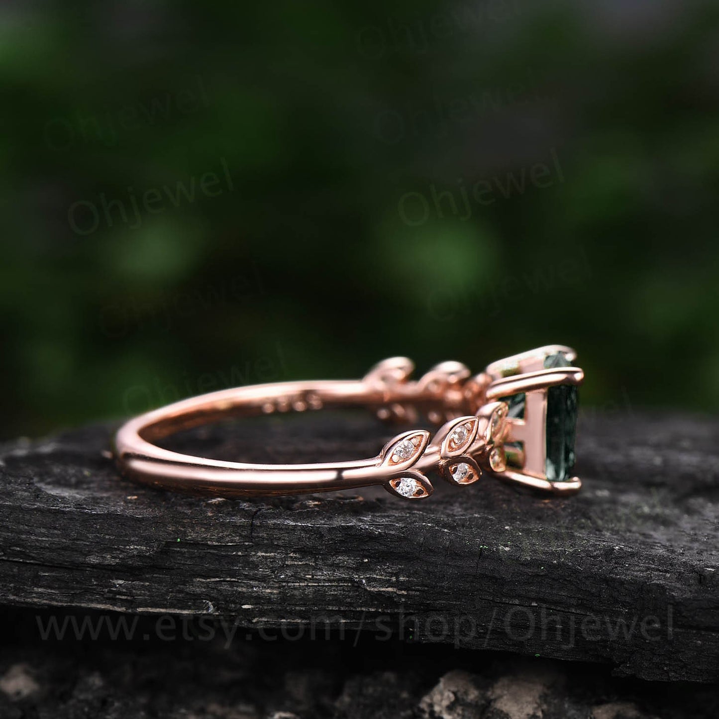 Princess cut Alexandrite engagement ring 14k rose gold leaf art deco unique vintage style engagement ring moissanite ring for women jewelry