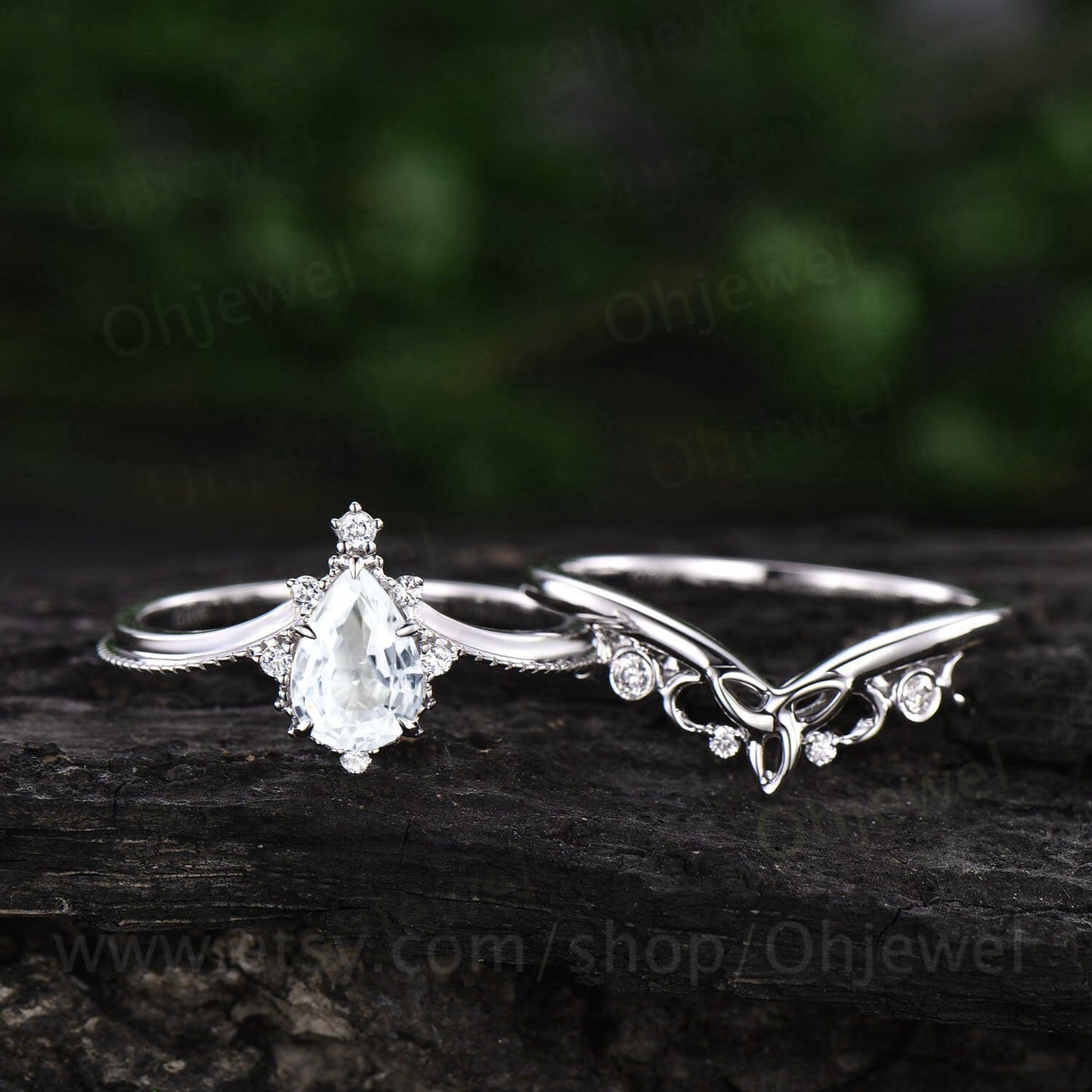 Pear shaped white sapphire engagement ring set 14k white gold unique vintage engagement ring moissanite ring for women Norse Viking jewelry