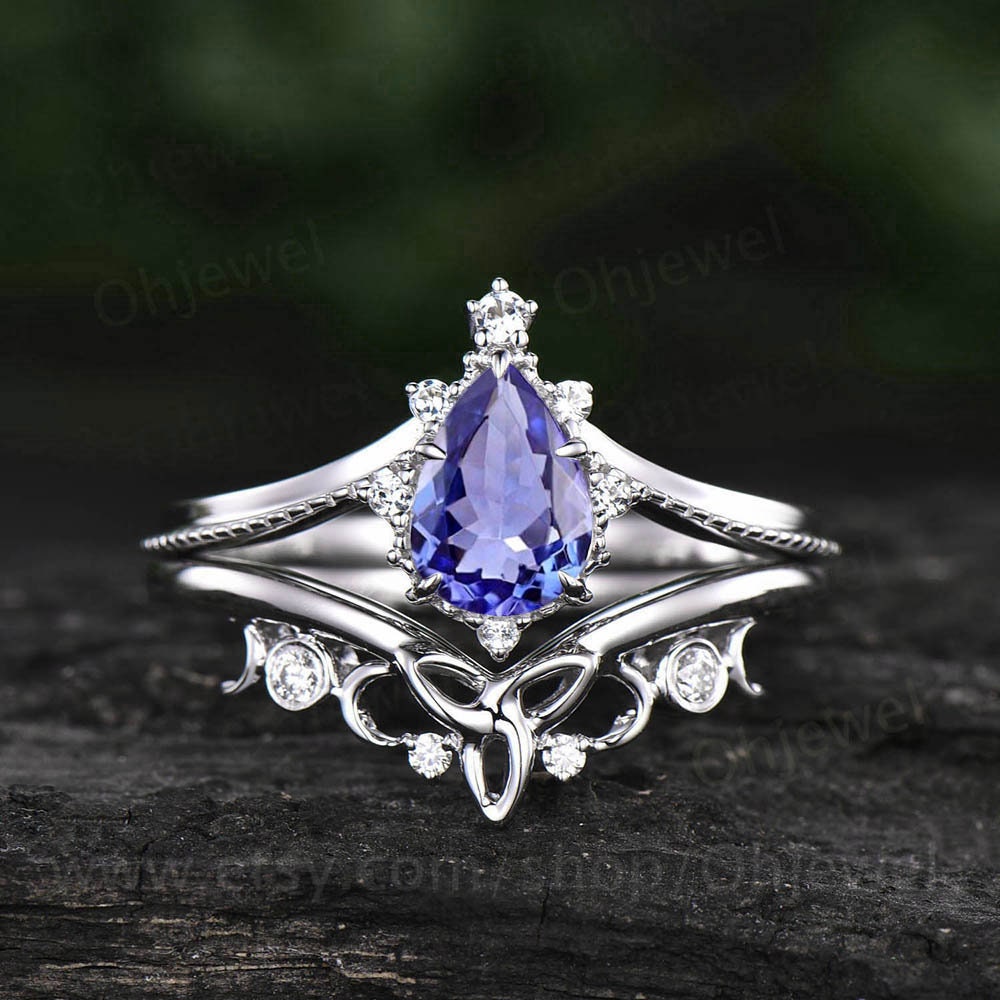 Pear shaped tanzanite engagement ring set 18k white gold milgrain unique vintage engagement ring celtic knot ring moissanite ring for women