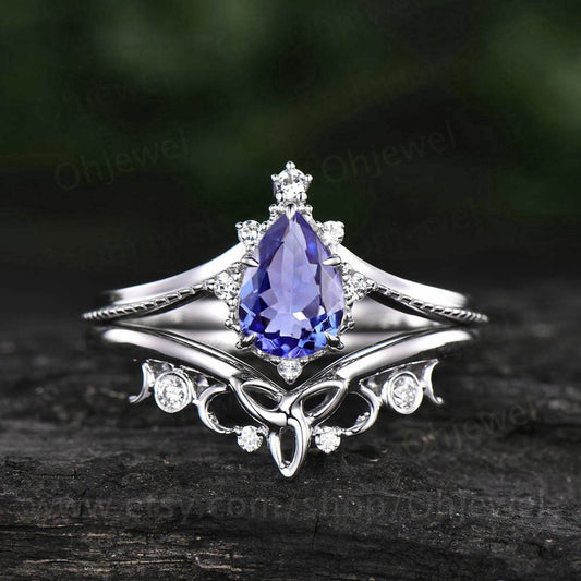 Pear shaped tanzanite engagement ring set 18k white gold milgrain unique vintage engagement ring celtic knot ring moissanite ring for women