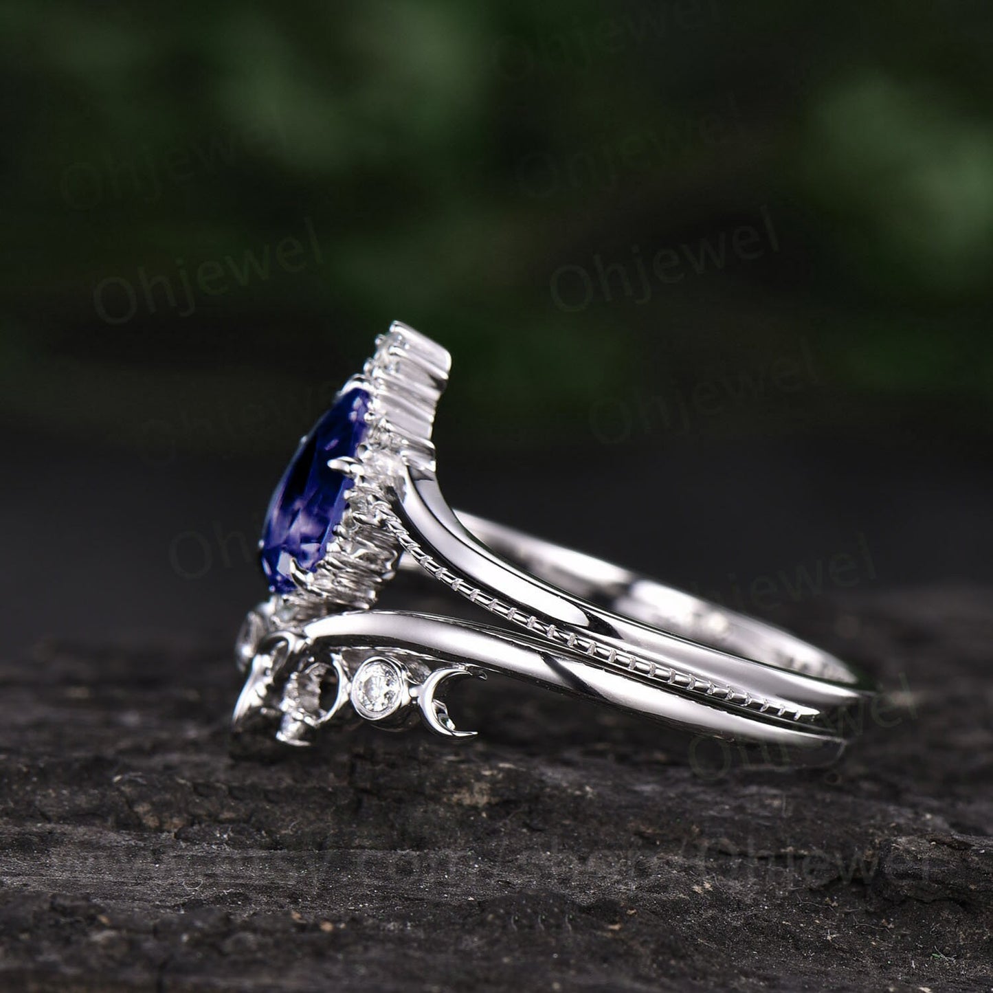 Pear shaped tanzanite engagement ring set 18k white gold milgrain unique vintage engagement ring celtic knot ring moissanite ring for women