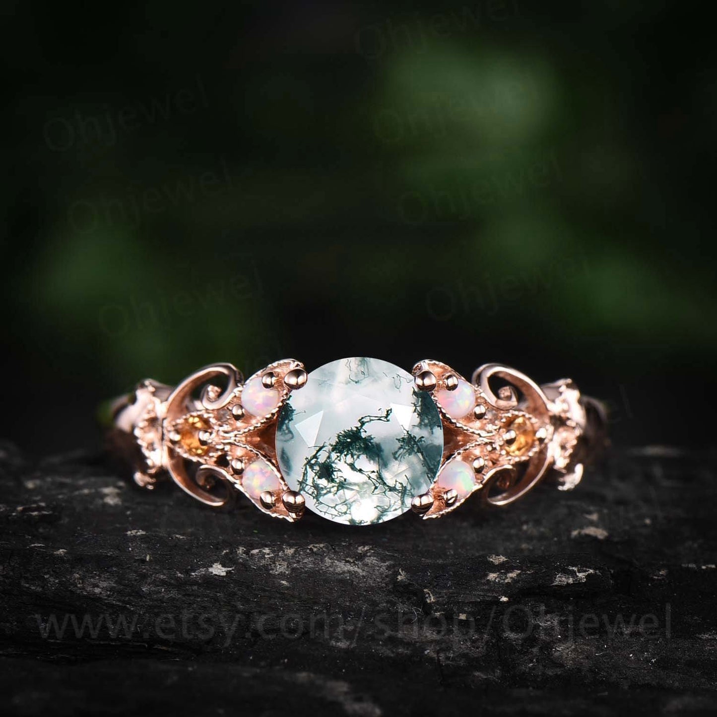 Unique round green moss agate engagement ring art deco vintage opal ring citrine ring milgrain butterfly ring rose gold silver wedding ring