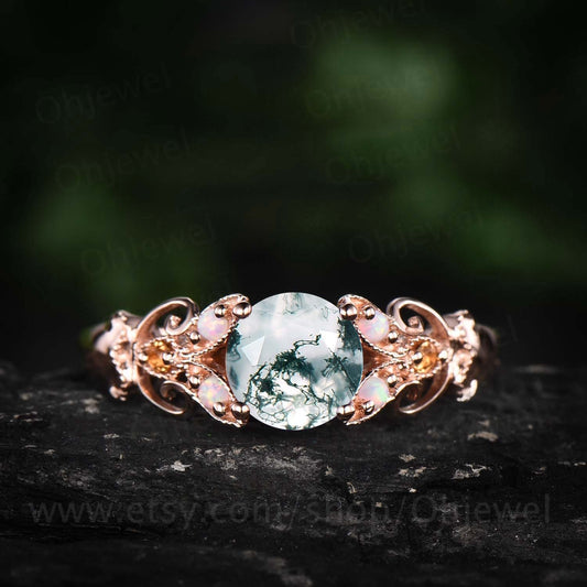 Unique round green moss agate engagement ring art deco vintage opal ring citrine ring milgrain butterfly ring rose gold silver wedding ring