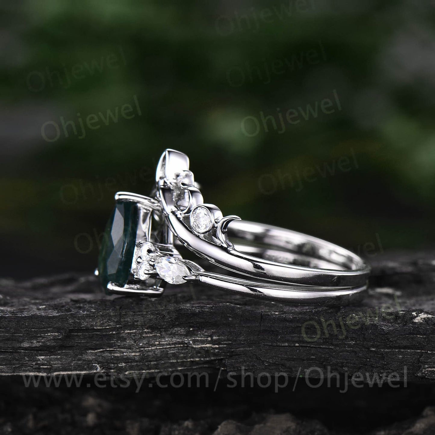 Pear shaped moss agate engagement ring set white gold vintage style marquise moissanite engagement ring for women norse viking ring Jewelry