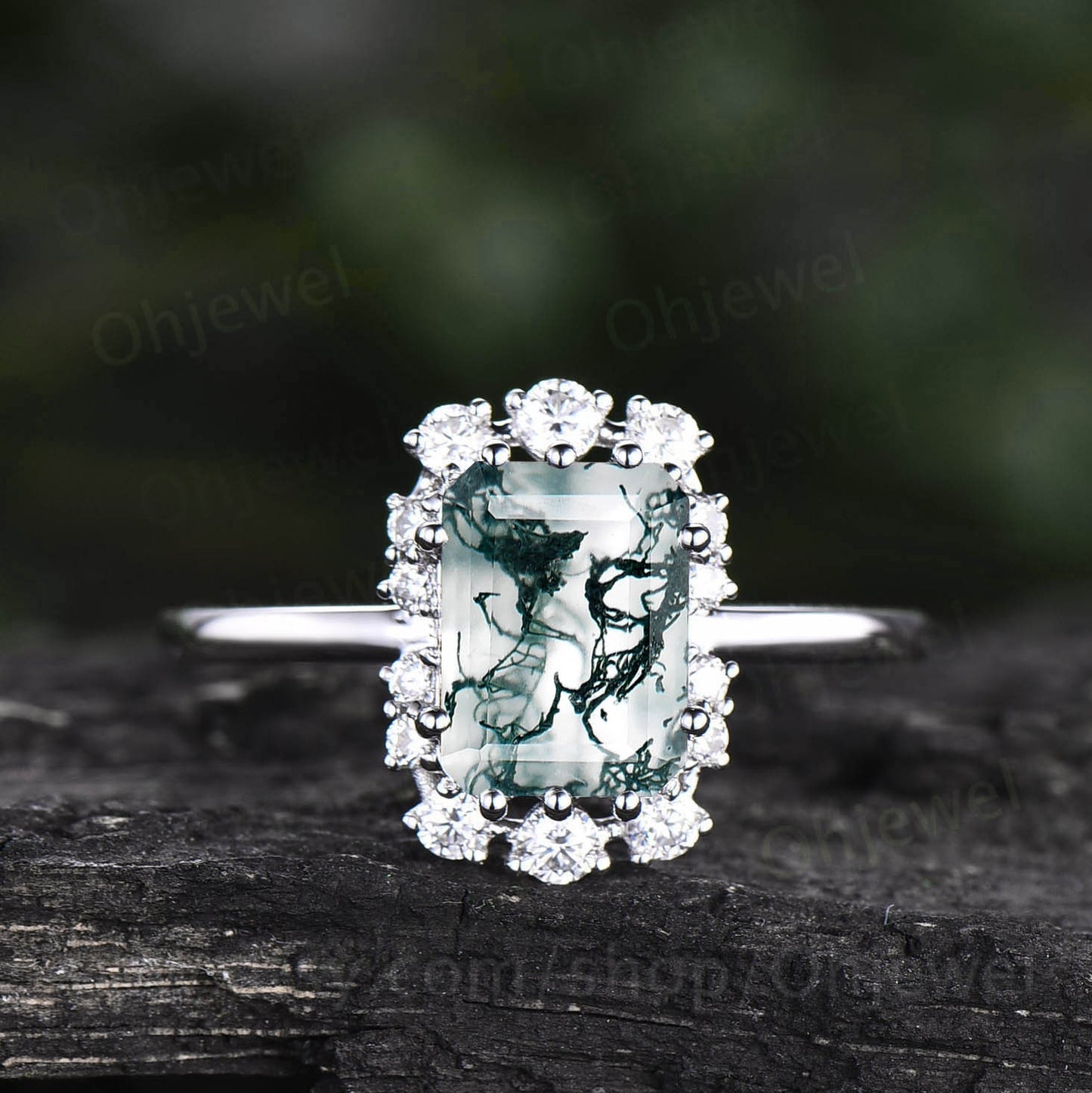 Unique moss agate ring emerald cut moss agate engagement ring for women vintage cluster halo moissanite ring gold silver dainty jewelry gift
