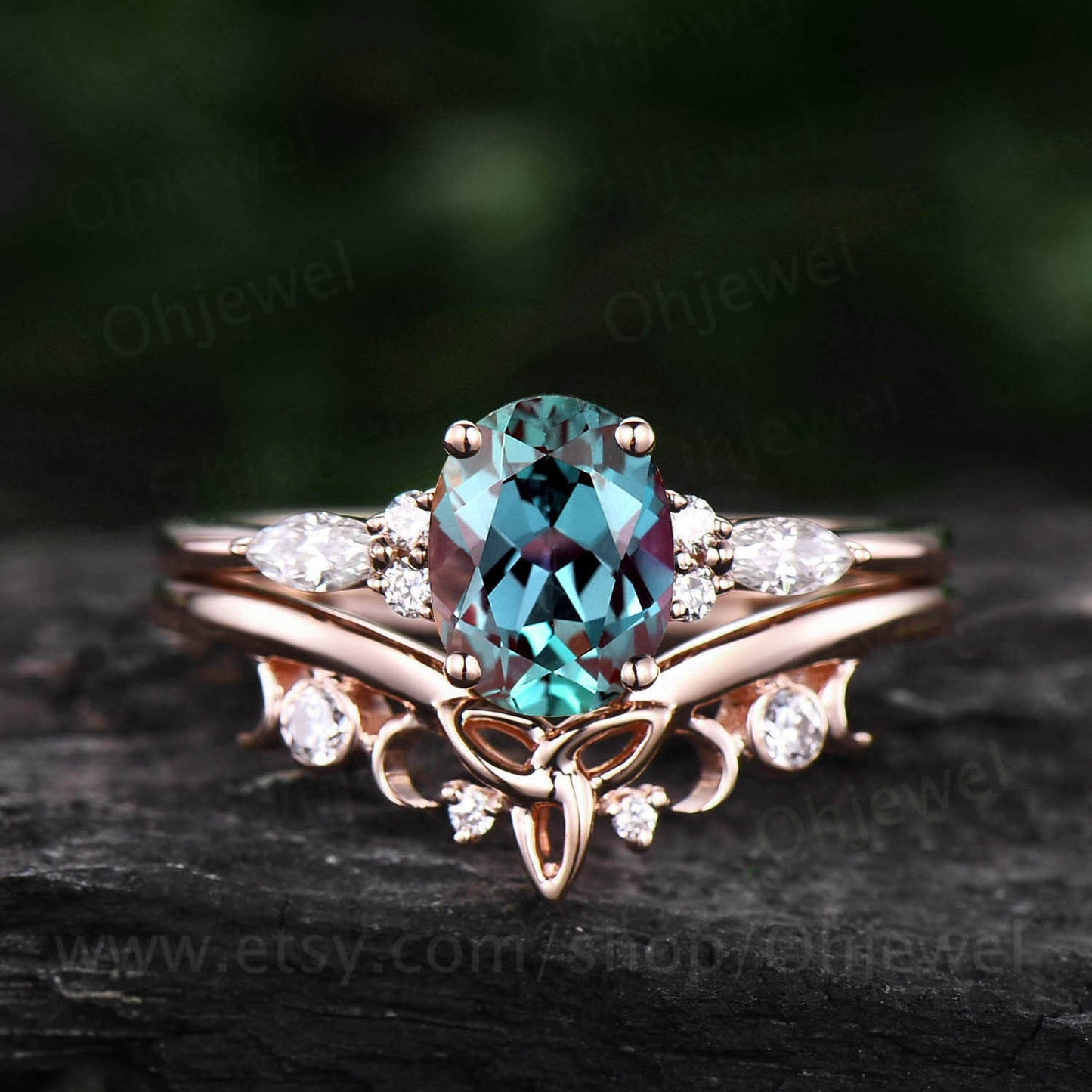 Unique vintage Oval cut Alexandrite engagement ring set rose gold art deco moissanite wedding ring set for women norse viking ring Jewelry