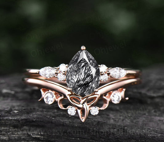Unique vintage pear shaped black rutilated quartz engagement ring set art deco moissanite ring for women rose gold silver norse viking ring