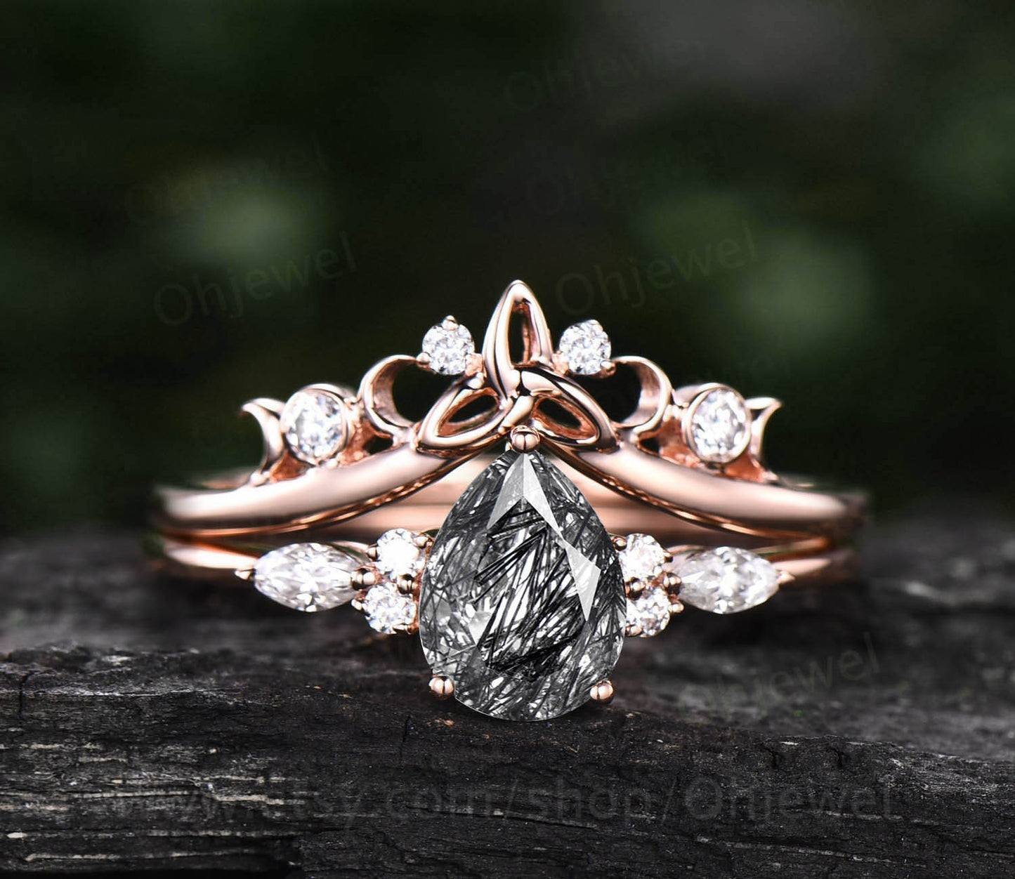 Unique vintage pear shaped black rutilated quartz engagement ring set art deco moissanite ring for women rose gold silver norse viking ring
